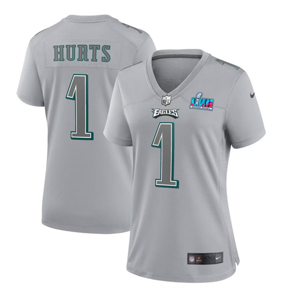 Women's Philadelphia Eagles #1 Jalen Hurts Gray Super Bowl LVII Patch Atmosphere Fashion Stitched Game Jersey(Run Small)